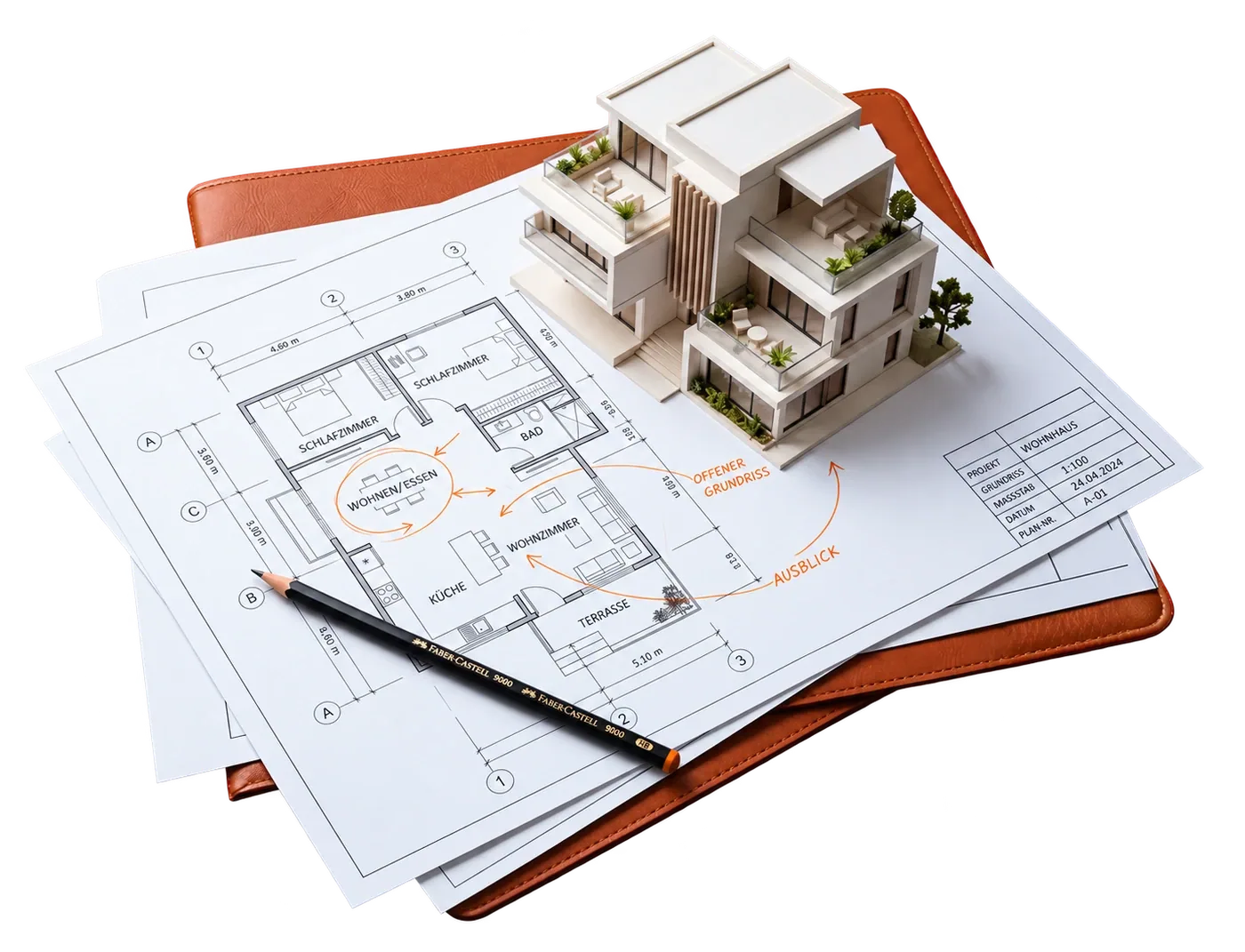 Illustrative Komposition aus Architekturmodell, Grundrissen und einer orangefarbenen Mappe.
