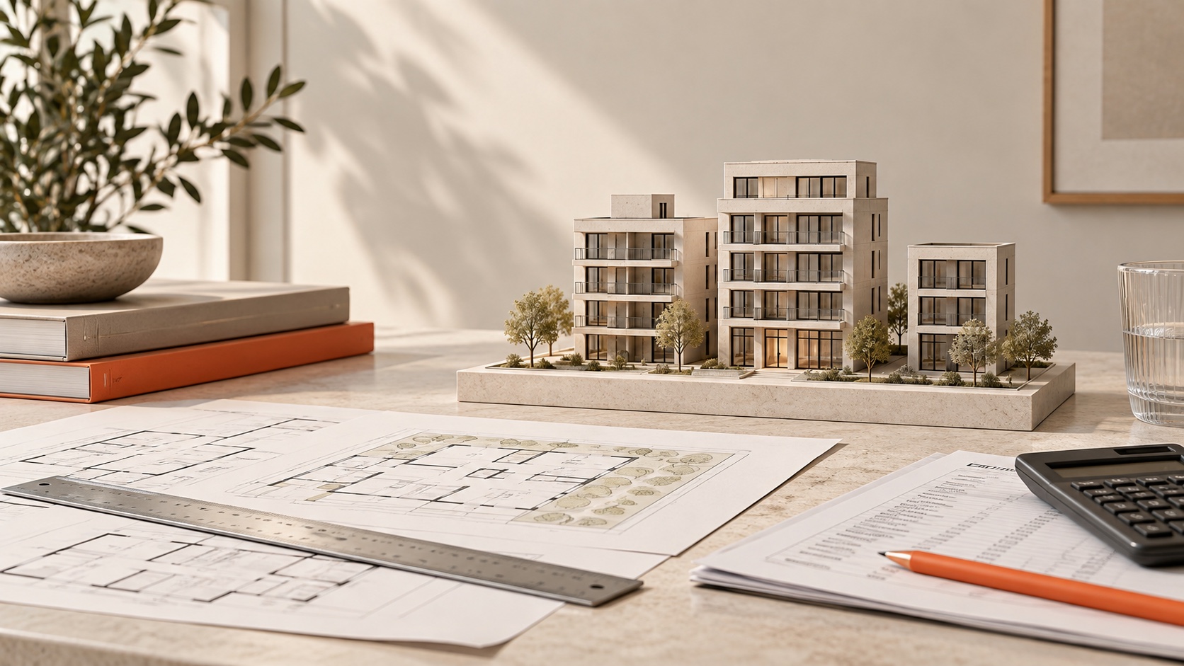 Architekturmodell eines Mehrfamilienhauses neben Grundrissen, Lineal, Rechner und Prüfliste.
