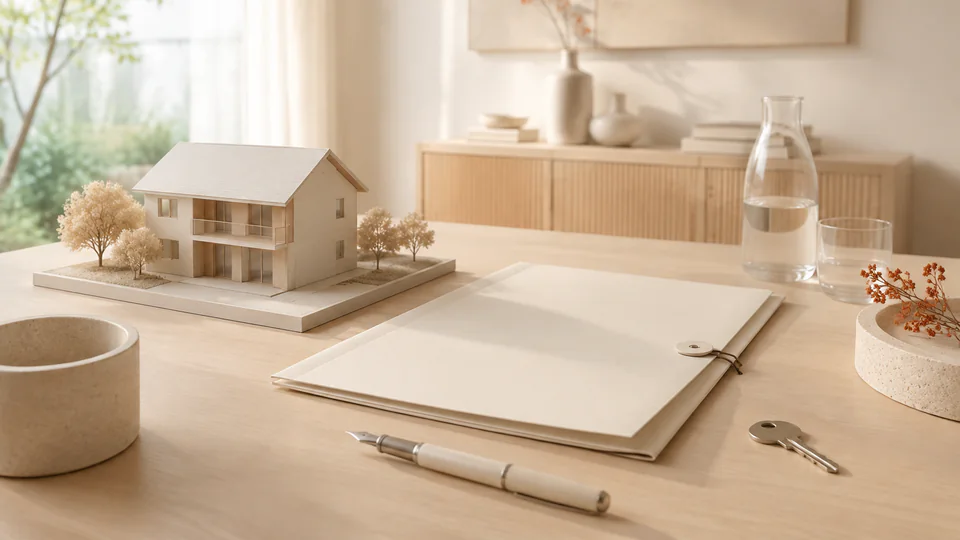 Gebäudemodelle, geschlossene Dokumentenmappe und Stift auf einer weitläufigen Architekturwerkbank