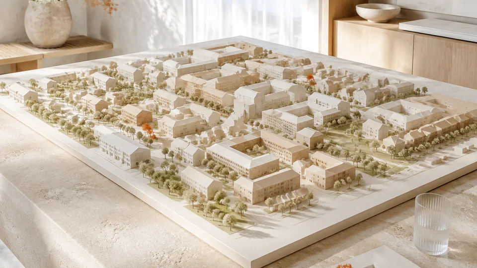Abstraktes Stadtmodell mit Straßenraster, Gebäudeblöcken und transparenten Verbindungen ohne reale Wahrzeichen
