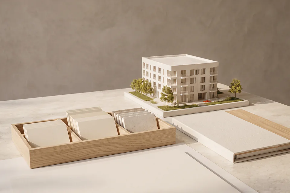 Sortierkasten aus heller Eiche mit blanken Karten und Steinplättchen vor einem weißen Mehrfamilienhausmodell und einer geschlossenen Mappe