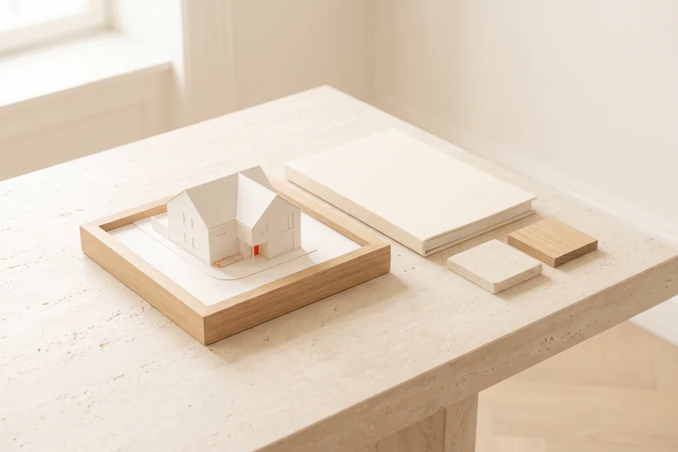 Weißes Hausmodell mit Satteldach in einem flachen Rahmen aus heller Eiche auf einem Kalksteintisch, daneben eine geschlossene Mappe und zwei Materialmuster